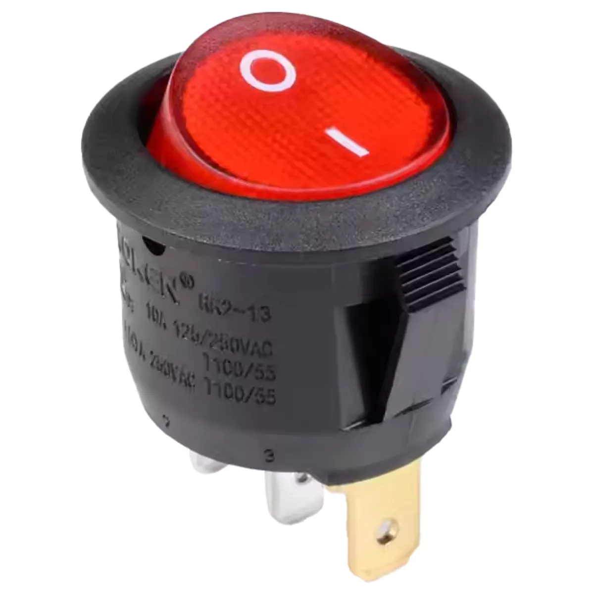 (imagem para) Interruptor basculante redondo 2 posições estáveis - ON-OFF - 250VAC 6.5A (3 pinos) - luminoso vermelho