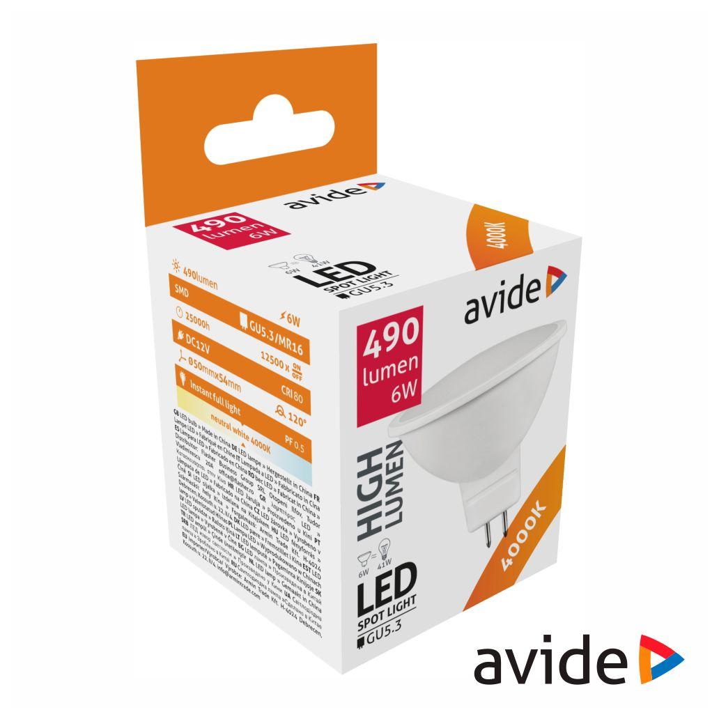 Lâmpada LED GU5.3 MR16 Spot 6W 510lm 12V 4000K AVIDE (imagem para) Lâmpada LED GU5.3 MR16 Spot 6W 510lm 12V 4000K AVIDE
