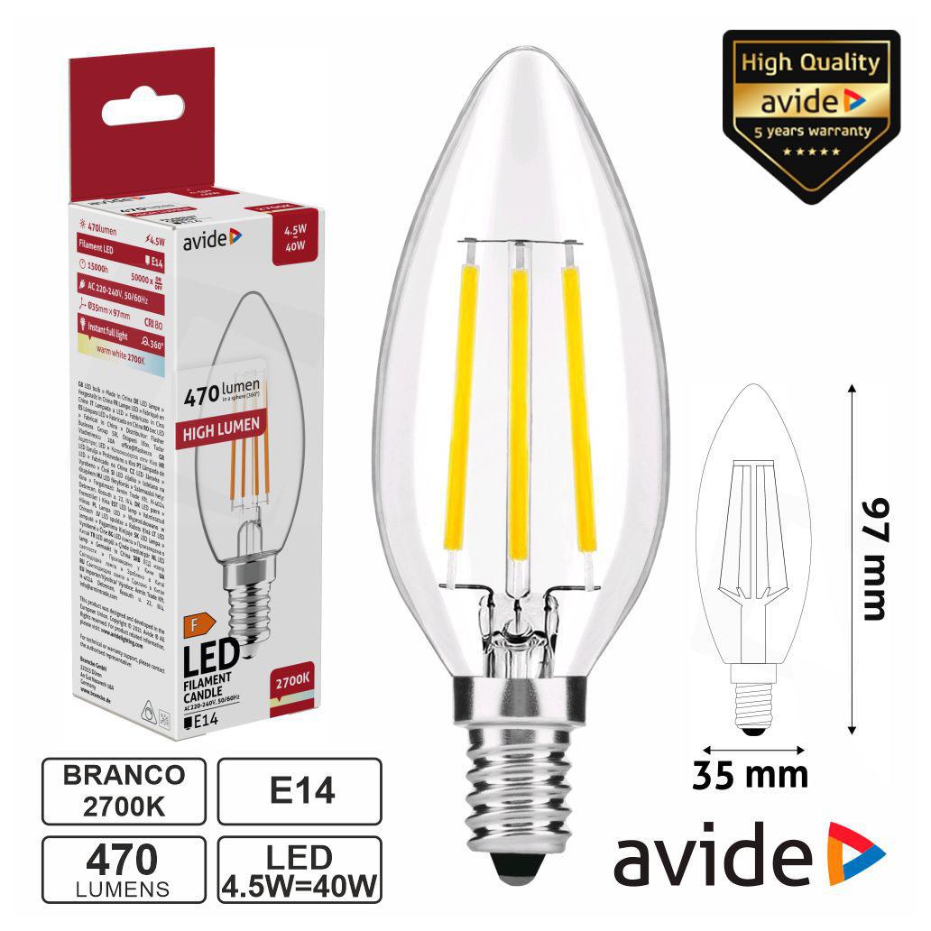 (imagem para) Lâmpada LED E14 Vela Filamento 4.5W 230V 2700K 470lm AVIDE