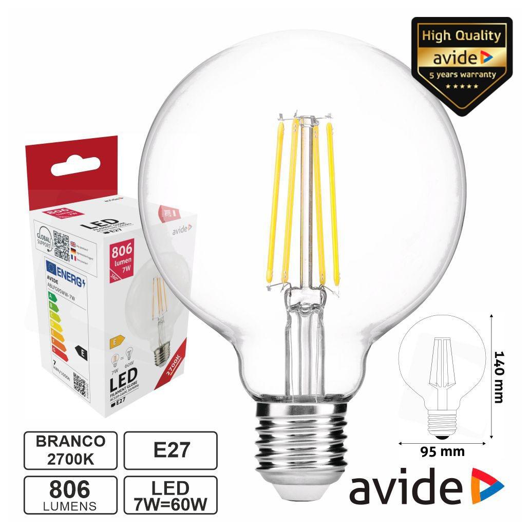 (imagem para) Lâmpada LED E27 Globo Filamento 7W 230V 2700K 806lm AVIDE