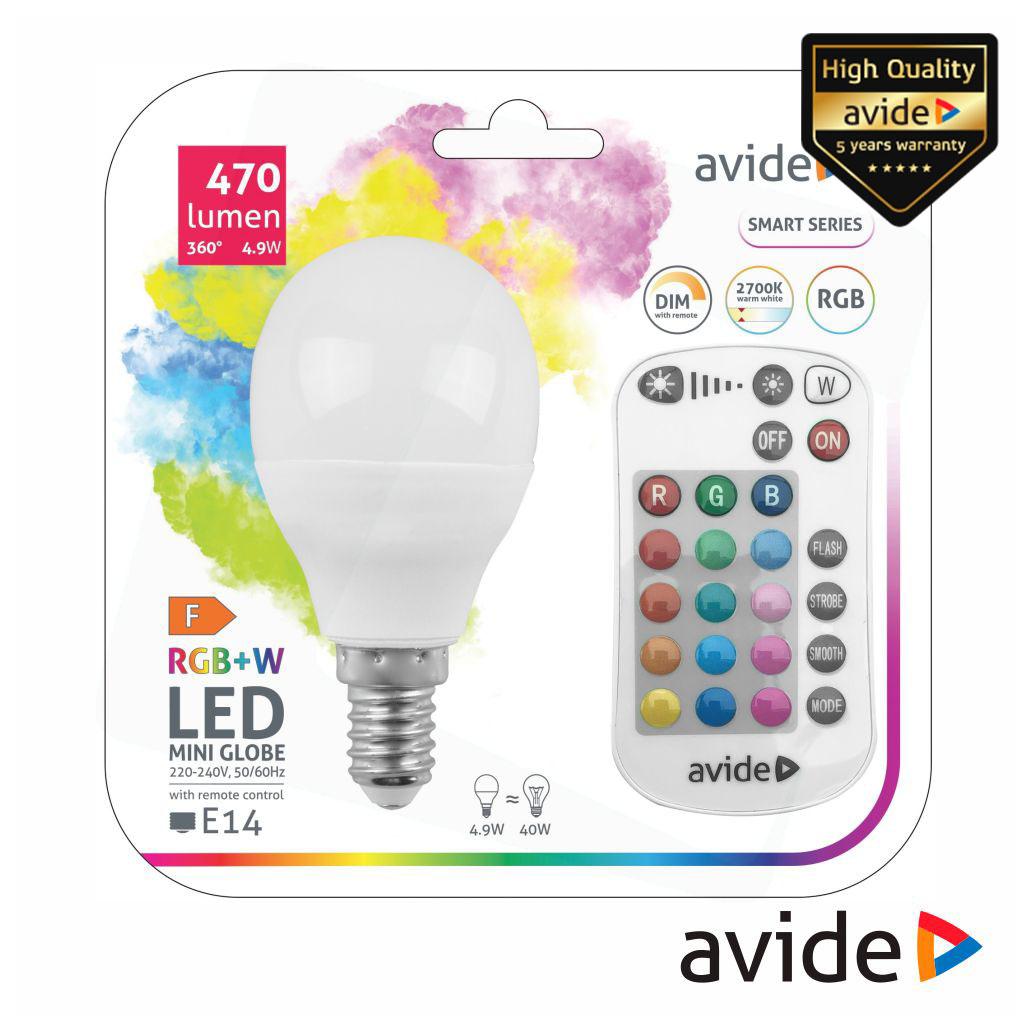 (imagem para) Lâmpada E14 Dimável 4.9W LED MiniGlobo RGBW IR 470lm AVIDE