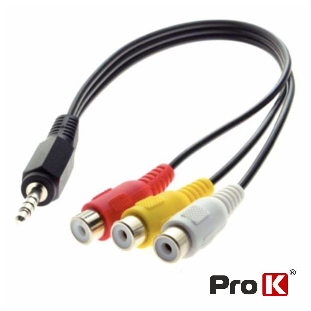 (imagem para) Cabo Jack 3.5mm Macho St / 3-Rca Fêmea 22cm Preto PROK