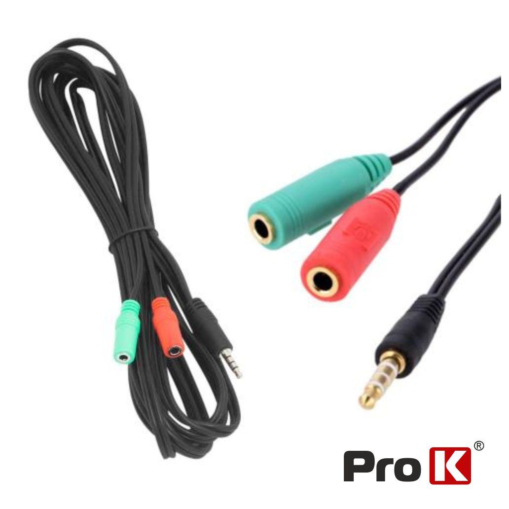 (imagem para) Cabo Jack 3.5mm Macho 4P / 2 Jack 3.5mm Fêmea 1m PROK