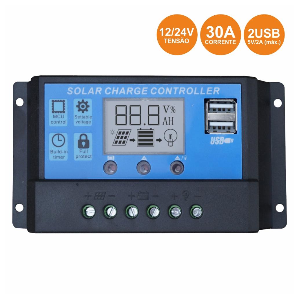 (imagem para) Regulador Painel Fotovoltaico 30a 12/24Vdc 2x USB