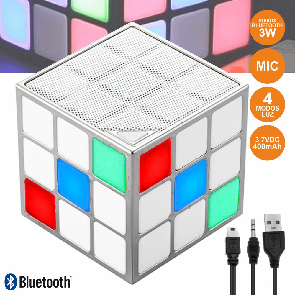 (imagem para) Coluna Bluetooth Cubo Mágico 3W LEDS RGB BT/SD/Aux/Bat